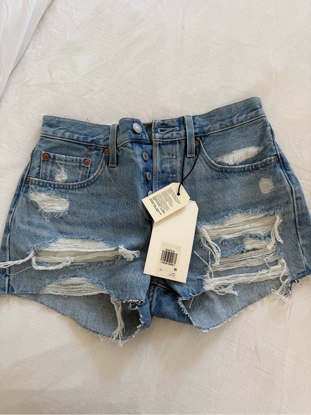 Levi's Distressed Light Blue High-Rise Denim Shorts - Picture 2 of 3